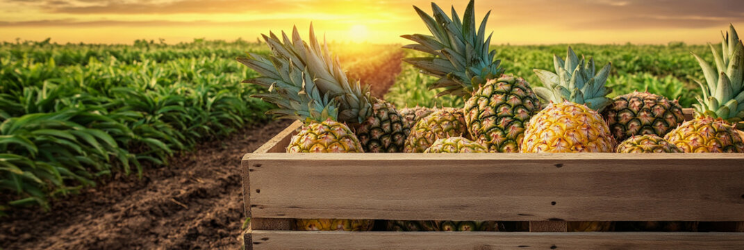 Freshly harvested pineapples in a lush field at sunset