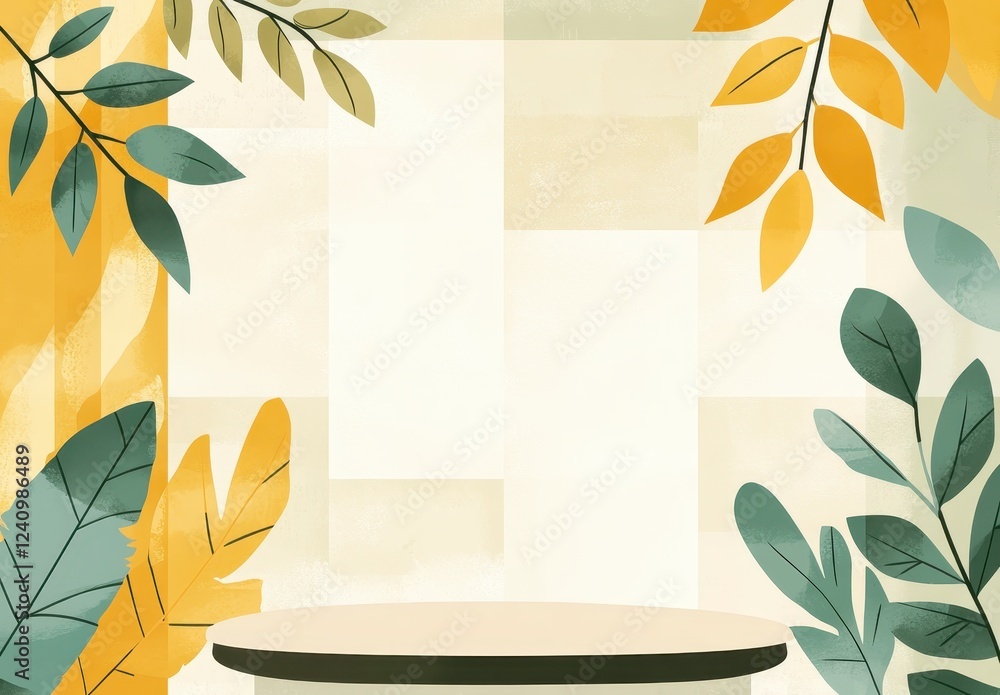 Poster autumnal themed display, featuring a cream colored platform with a neutral background and a frame of