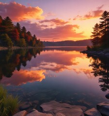 Fototapeta premium Vibrant sunset colors with a serene lake in Cleveland, calm, water, sunrise