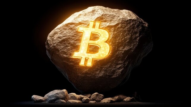 Bitcoin symbol carved on glowing rock.