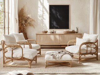 A beige and light brown living room featuring a set of wicker armchairs with fluffy white cushions, a low wooden ottoman, a wooden cabinet, and a