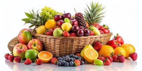 Assorted Fresh Fruits in Bamboo Basket, Healthy Food, White Background