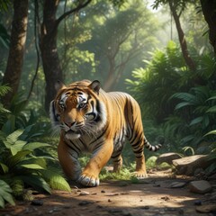 Tiger's fur blending seamlessly with the dappled shade of the jungle floor , animal, leaves