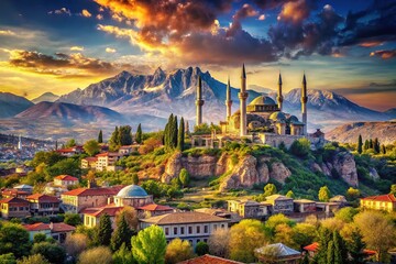 Fototapeta premium Detailed vintage landscapes, featuring majestic turkeys.