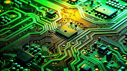 Detailed panoramic circuit board, showcasing green tech patterns.