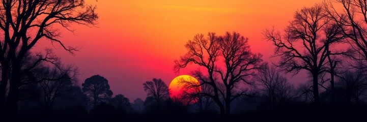Fototapeta premium Dramatic red sunset with silhouetted trees in the foreground. Vibrant, fiery sky. Ideal for nature, landscape, and background themes.