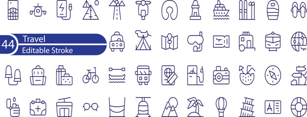 Fototapeta premium Travel Line Editable Icons set. hotels, types of tourism, tourist transport and more.