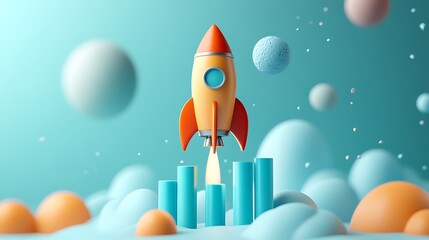 3D rocket taking off with an arrow business graph bar