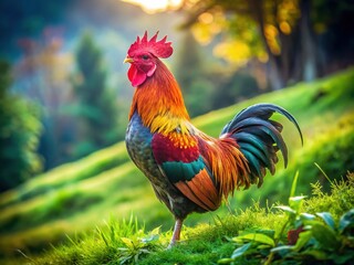 Fototapeta premium Crested chicken, farm fresh cock, handsome poultry.