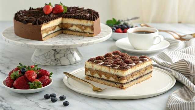 Tiramisu coffee cack on a elegant marble table with a side of fresh fruit, marble table, tiramisu, dessert, baked goods, treat