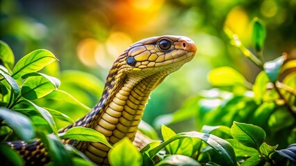 Fototapeta premium Cobra Snake in Lush Green Bush at Snake Farm - Bokeh Background Stock Photo