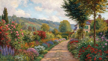 Naklejka premium Colorful landscape, a joyful garden, captured in AI art.