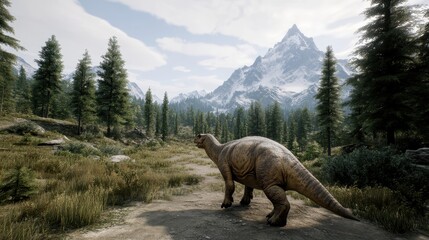 Fototapeta premium A dinosaur wandering through a tranquil valley.