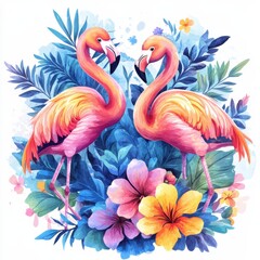 Colorful flamingos among tropical plants and flowers.