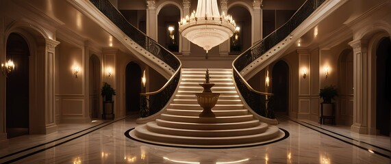 Obraz premium Symmetrical luxurious staircase in an opulent villa adorned with lavish detail and soft lighting a statement of elegance and grandeur