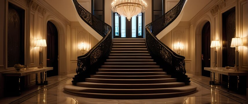 Symmetrical luxurious staircase in an opulent villa adorned with lavish detail and soft lighting a statement of elegance and grandeur