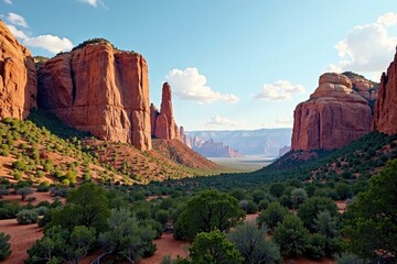 Naklejka premium Towering red rock formations amidst dense trees, desert landscape, natural wonders, red rocks