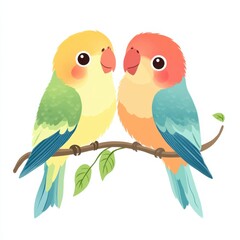 Colorful lovebirds perched on a branch.
