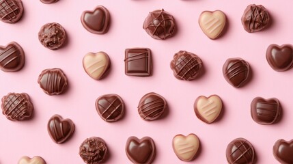 A Symphony of Hearts: A Delightful Collection of Exquisite Chocolate Hearts, Beautifully Displayed on a Pastel Pink Surface, Creating a Scene of Pure Romance and Sweet Indulgence