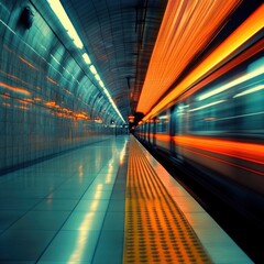 Obraz premium Dynamic subway train speeding through station.