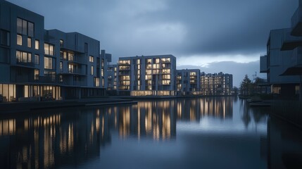 Fototapeta premium Twilight view of a modern cityscape with sleek apartment buildings reflecting on calm water, showcasing urban serenity
