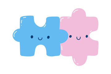 Cute puzzle pieces. Hand drawn complementary pair of puzzles. Valentine's Day doodle elements. Hugs. Stock vector illustration isolated on a white background.