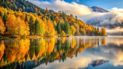 Fototapeta premium Serene Scandinavian lake surrounded by vibrant autumn foliage and misty mountains reflected perfectly in its calm waters, golden light, scenic lake