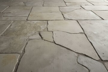 Close Up Of Large Irregularly Shaped Light Beige And Gray Stone Tiles With Natural Rustic Texture

