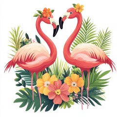 Flamingos amid colorful tropical flowers.