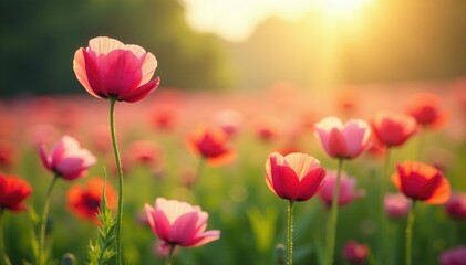 Blooming field of pink and white poppies in the morning dew, dawn, poppies, white