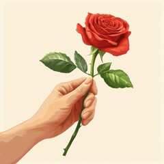 Hand holding a vibrant red rose flower.