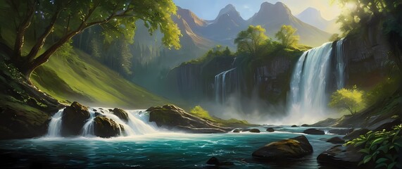Striking oil painting of a cascading waterfall where water flows gracefully over rocks surrounded by lush greenery that invites tranquility