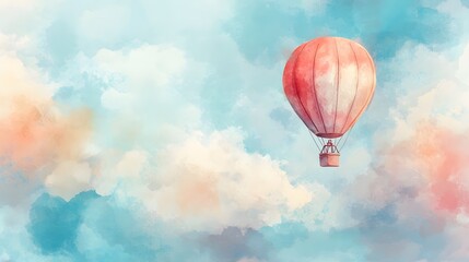 Fototapeta premium A Red Hot Air Balloon Soaring Through Pastel Skies