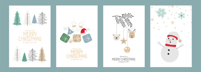 Merry Christmas and Happy New Year elegant card set with Christmas trees, snowman, gift, reindeer and other ornaments.