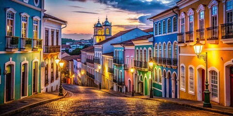 Colorful Colonial Buildings, Barra Salvador, Bahia, Brazil - Bokeh Night Photography