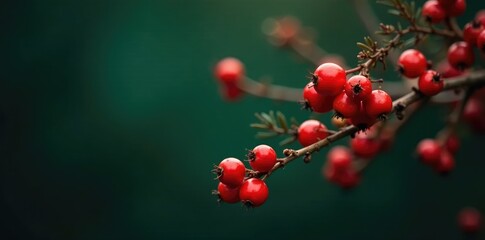 Fototapeta premium Cotoneaster in winter with bright red berries on a dark green backdrop, winter, cotoneaster, botanical