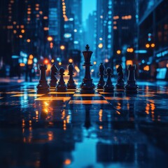Night chess game on urban street with reflections.