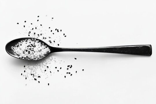 High Key Image of Black Spoon with Sea Salt and Black Seeds on White Isolated Background, Captured in Raw Style for Minimalist Culinary Aesthetics