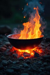 Flaming coals surround a metal cooking vessel, burn, cooking