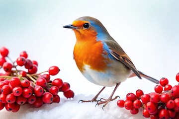 Fototapeta premium Bird with Berries, Isolated White Background - High-Resolution Aerial Stock Photo