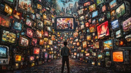 Fototapeta premium Person Standing in Front of Multiple Vintage Televisions Displaying Colorful Images in an Urban Environment