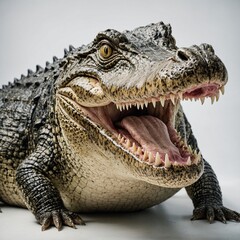 A crocodile with its mouth wide open, pure white background.
