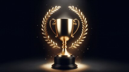 3D Golden champions trophy cup game winner on dark background, football or sports winner championship tournament, 