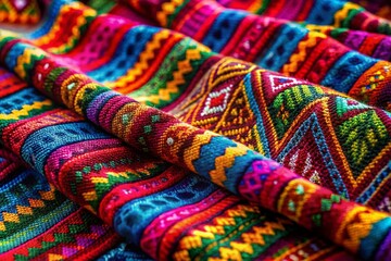 Fototapeta premium Colorful Handmade Woven Textile, Bohemian Style Fabric Detail, Ethnic Pattern Texture, Artisan Craft Background, Grunge Surface