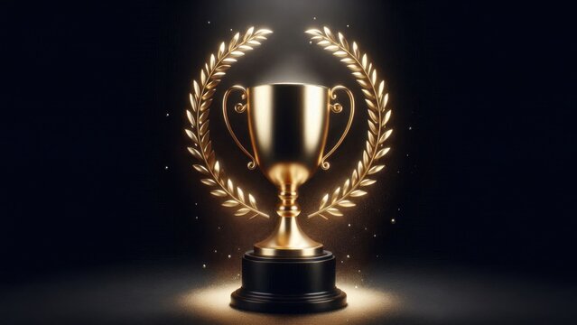 3D Golden champions trophy cup game winner on dark background, football or sports winner championship tournament, 