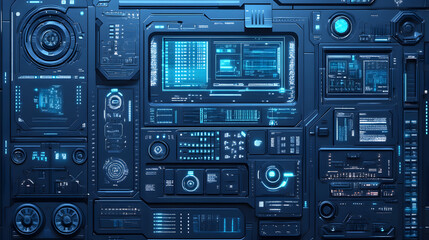 Fototapeta premium A platinum blue design featuring a combination of glowing grids and digital interfaces, ideal for tech-inspired art.