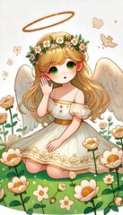 Cartoon Angel in White Dress Listening to the Silent Stories of Colorless Flowers