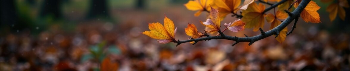 Obraz premium Twisted Hawthorn branch on dark autumnal ground, foliage, foliage, nature