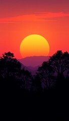 Dramatic red sunset with silhouetted trees in the foreground.  Vibrant, fiery sky. Ideal for nature, landscape, and background themes.