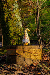 A ceramic gnome figurine in yellow tones stands on a tree stump in the sun's rays